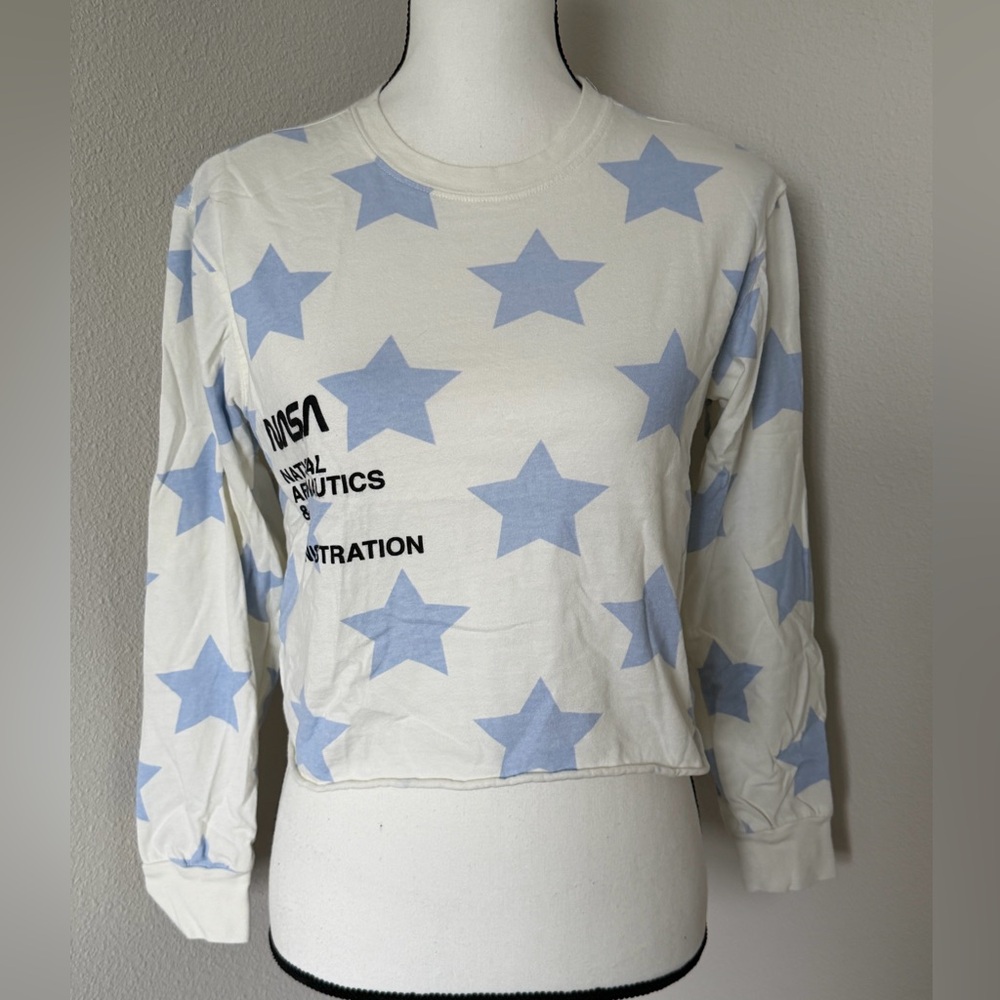 Mighty Fine White and Blue Star Long Sleeve NASA Graphic Tee